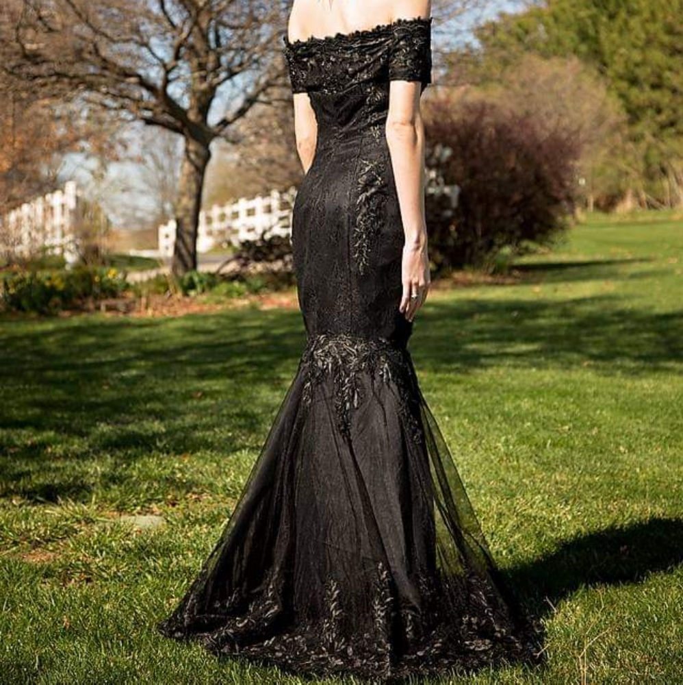 Long off the shoulder black prom dress